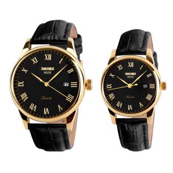 SKMEI Brand 9058 His-and-hers Watches Fashion Casual Watches Leather Strap 30M Waterproof Lovers Quartz Wristwatches - Black+Gold+Black  