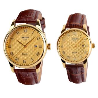 SKMEI Brand 9058 His-and-hers Watches Fashion Casual Watches Leather Strap 30M Waterproof Lovers Quartz Wristwatches - Brown+Gold+Gold  