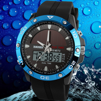 SKMEI Solar Power Watch Waterproof Sports Watches Men Women Digital Analog EL Light Outdoor Swimming Diving Watch (Blue) - Intl  