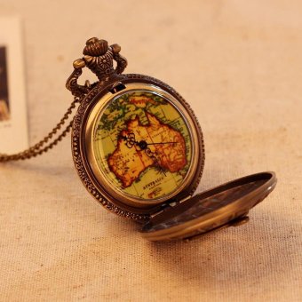 sqamin Map Pattern Necklace Pocket Watch Antique Bronze Quartz Alloy Pendant With Long Chain Retro Hot Sale (bronze) - intl  