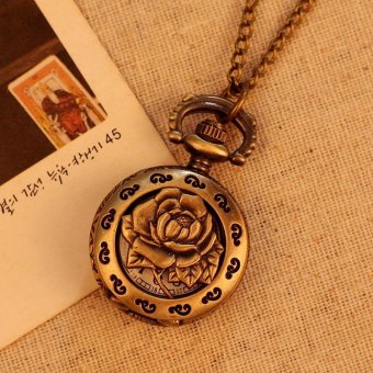 sqamin Vintage Retro Rose Pattern Women Pocket Watch Bronze Necklace Quartz Alloy Pendant With Long Chain (bronze) - intl  