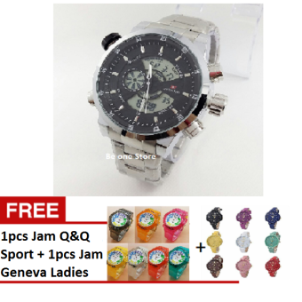 Swiss Army Dual Time - Jam Tangan Sport Pria - Stainless Steel - SA 1615 Silver Black + Bonus Jam Q&Q Sport & Jam Geneva Ladies  