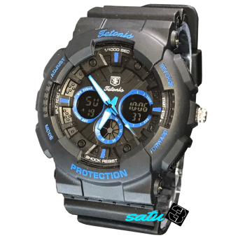 Tetonis TS210DT jam tangan pria dual time rubber strap atau karet hitam biru  