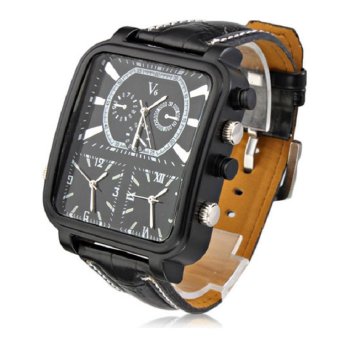 V6 3 Time Zones Military Watch Big Square Dial PU Leather Strap Black  