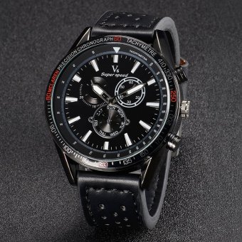 V6 Casual Quartz Watch Black Dial Design Leather Band Wristwatch Black  