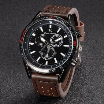 V6 Casual Quartz Watch Black Dial Design Leather Band Wristwatch Brown  