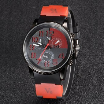 V6 Casual Quartz Watch Black Dial Design Rubber Band Wristwatch Red  