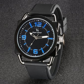 V6 Casual Quartz Watch Black Dial Design Silicone Band Wristwatch Blue  