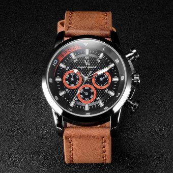 V6 F1 Racing Style Casual Quartz Watch Black PU Leather Band Brown  