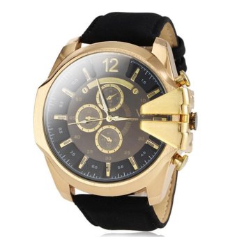 V6 Military Design Casual Watch Gold Case Black PU Leather Band  