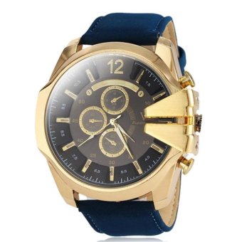V6 Military Design Casual Watch Gold Case Blue PU Leather Band  