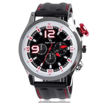 V6 Racing Design 3D Dial Casual Watch Silver Case Silicone Band Red  