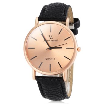 V6 Simple Design Casual Watch Gold Dial PU Leather Band Wristwatch Black  