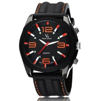 V6 Sport Design Casual Watch Black Silicone Band Orange  