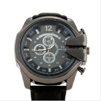V6 Watch Men's Black Leather Strap Black Dial Quartz Wristwatch  
