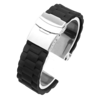 Waterproof Silicone Sports Watch Band Replacement Wrist Strap Bracelet Deployment Clasp 24mm (Black)  