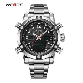 WEIDE Casual Sport Watch Dual Time Zone Black LCD Dial Alarm Steel Strap Relogio Quartz Digital Military Men Wristwatch intl  