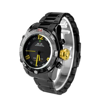 Weide Mens Yellow Button Dual Time Display Quartz Black Steel Band Wrist Watch WEI-0088  