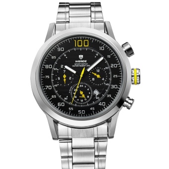 WEIDE WH-3311 Men's Fashion Stainless Steel Band 3ATM Waterproof Quartz Watch With Calendar - Black + Yellow + Silver - intl  