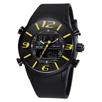 WEIDE WH-3402 Men's Luxury PU Rubber Strap LCD Back Light Military Army Diver Sport Wristwatch - Black + Yellow - intl  