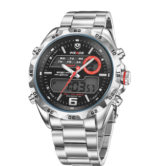 WEIDE WH-3403 kasual pria Stainless Steel sejalan & digital jam tangan water resistant - Hitam + Perak  