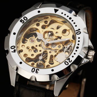 WINNER 8297 Stainless Steel Case Synthetic Leather Men Women Skeleton Mechanical Hand Wind Military Sport Business Wrist Watch (Gold Face) - intl  
