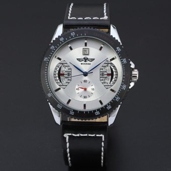 WINNER Automatic Mechanical Calendar Leather Strap Mens Sport Watch White Dial WW164  