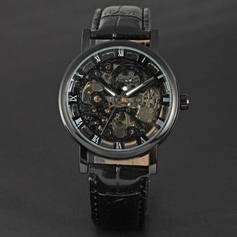 WINNER Automatic Mechanical Watches For Men Leather Skeleton Sport Wrist Watch Black  