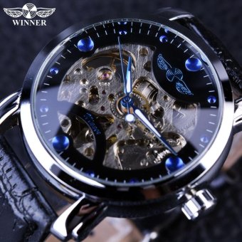Winner Black Skeleton Designer Blue Engraving Clock Men Leather Strap Mens Watches Top Brand Luxury Automatic Watch Montre Homme - intl  