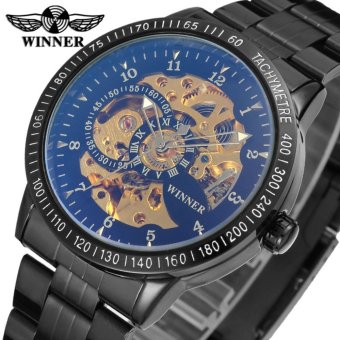 WINNER Brand Men Luxury Skeleton Stainless Steel Watch Mechanical Hand Wind Wristwatches Gift Box Relogio Releges (Blue Black) - intl  