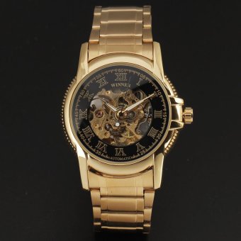 Winner Classic Skeleton Design Auto Mechanical Watch Gold Steel Material Black Dial  