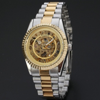 WINNER Men Business Dress Mechanical Wrist Watch Silver Golden Stainless-steel Band Roman Number Skeleton Movement 061 - intl  