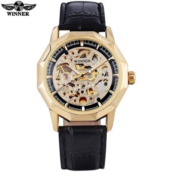 WINNER men fashion sport mechanical watches leather strap casual brand men's automatic skeleton black case watches reloj hombre - intl  