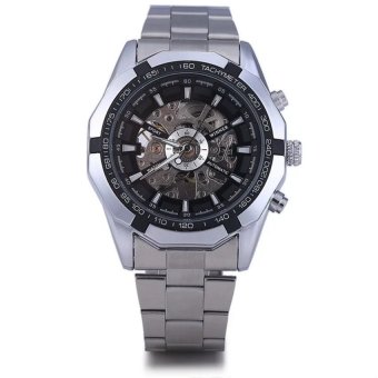 Winner Men Hollow Automatic Mechanical Watch Stainless Steel BanB BLACK  