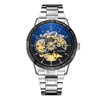 WINNER Mens Transparent Automatic Skeleton Mechanical Watches Men Brand Military Full Steel Relogio Masculino (Blue Black Silvery) - intl  