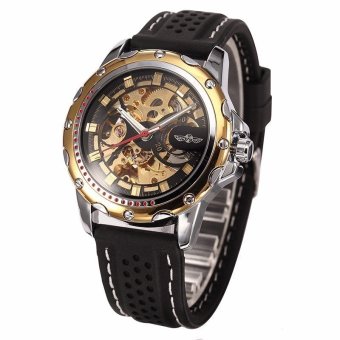 Winner Skeleton Design Auto Mechanical Watch Gold Case Rubber Material Black Dial  