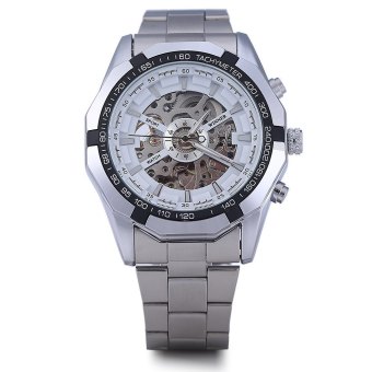 Winner W340 Men Hollow Automatic Mechanical Watch Stainless Steel Band White  