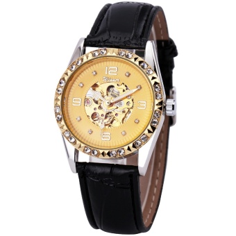 "WINNER Women Unisex Luxury Chic Skeleton Auto Mechanical Watch Leather Strap Golden Jewel Dial + GIFT BOX 242 - intl  