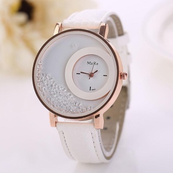 Woman Leather Quicksand Rhinestone Quartz Bracelet Wristwatch Watch-White - intl  