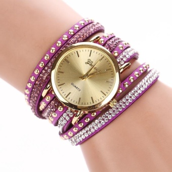 Women Crystal Rivet Bracelet Quartz Braided Winding Wrap Wrist Watch -Purple - intl  