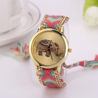 Women Elephant Pattern Weaved Rope Band Bracelet Quartz Dial Wrist Watch -Rose red - intl  