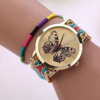 Women Girl Handmade Weaved Braided Butterfly Bracelet Dial Quarzt Watch -Blue+Hot Pink - intl  