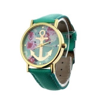 Womens Fashion Leather Floral Printed AnchorDress Wrist Watch Mint Green - intl  