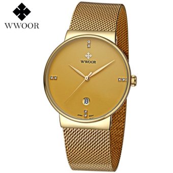 Wwoor 8818 Luxury and Elegant / Jam Tangan Formal Tipis / Jam Wwoor Pria / Rantai Stainless Steel (Gold)  