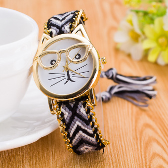 Yika Cat Handmade Weave Adjustable Bracelet Gold Plated Dial Wrist Watch (#1)  