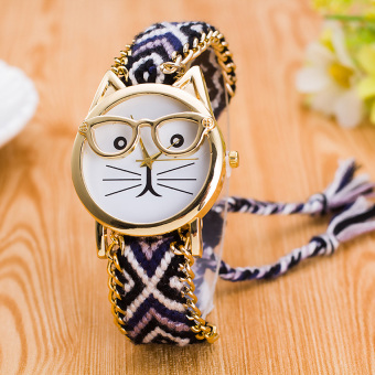 Yika Cat Handmade Weave Adjustable Bracelet Gold Plated Dial Wrist Watch (#11)  