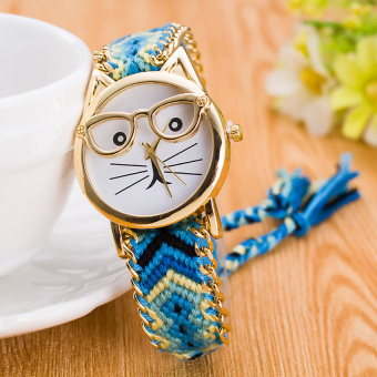 Yika Cat Handmade Weave Adjustable Bracelet Gold Plated Dial Wrist Watch (#5)  
