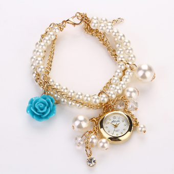 Yika Fashion And Beautiful Watch Faux Pearls Roses Quartz Bracelet Watches (Blue Flower)  