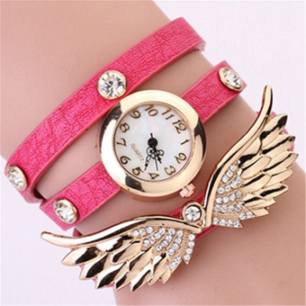 Yika Fashion Angel Wings Rhinestone-studded Leather Ladies Quartz Watches (Royal Red)  