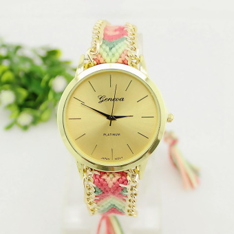 Yika Geneva Handmade Weave Adjustable Bracelet Gold Plated Dial Wrist Watch (#2)  